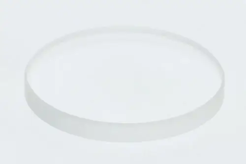 Transparente, flache Kunststoffscheibe in runder Form, möglicherweise als Sichtglas oder Ersatzteil von Bosch konzipiert.